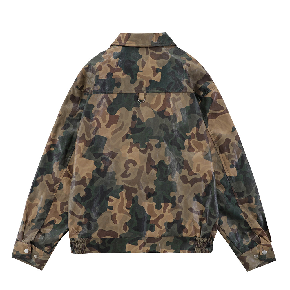 Zipper Cardigan Camouflage Leather Jacket For Men