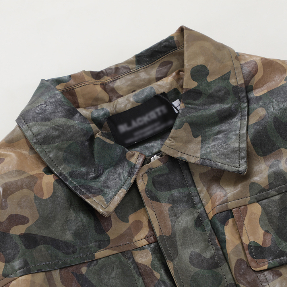 Zipper Cardigan Camouflage Leather Jacket For Men