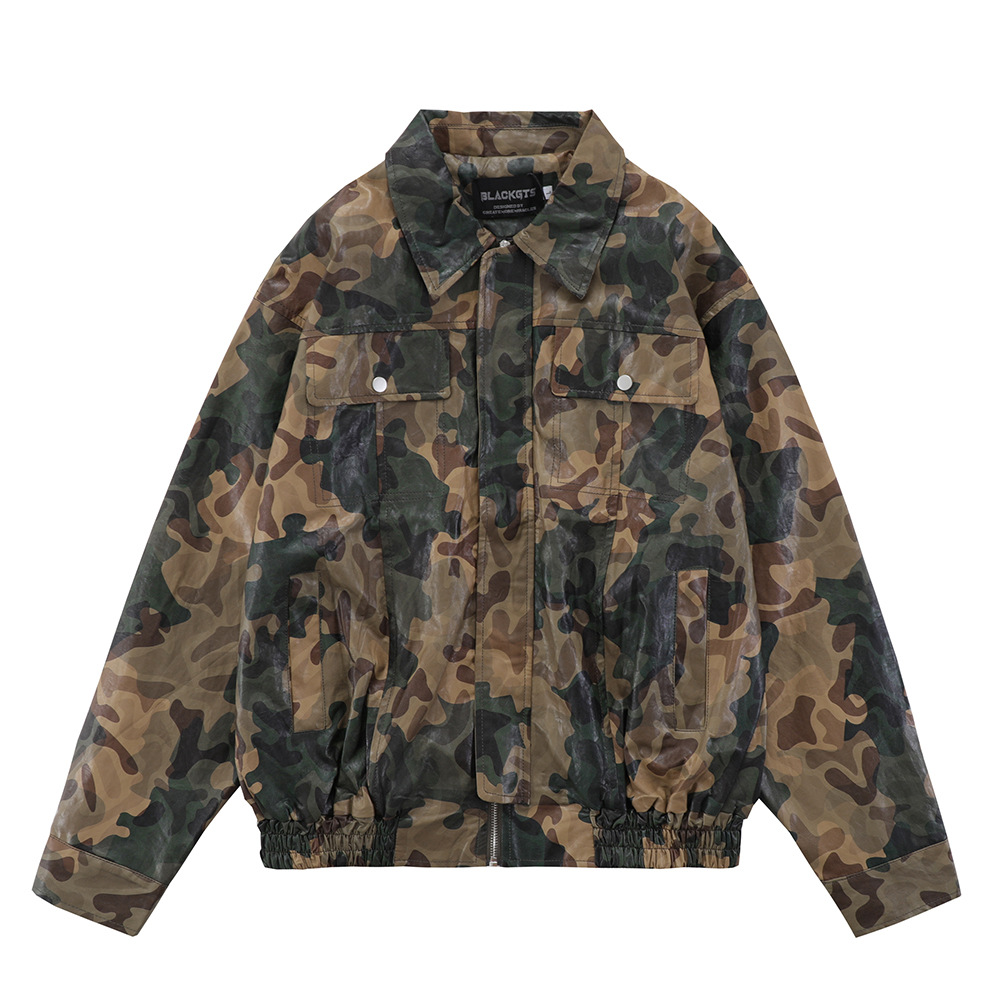 Zipper Cardigan Camouflage Leather Jacket For Men