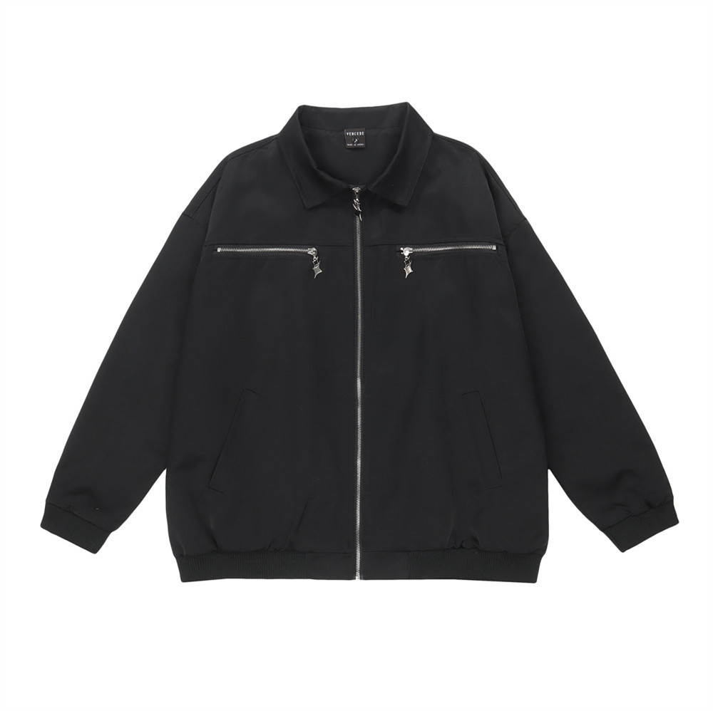 Zipper Decoration Loose Casual Solid Color Lapel Long Sleeve Jacket