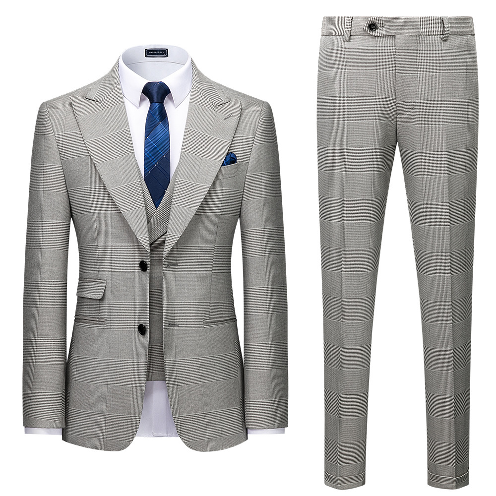 Korean Version Of Slim Business Casual Gray Plaid Men'S Suit