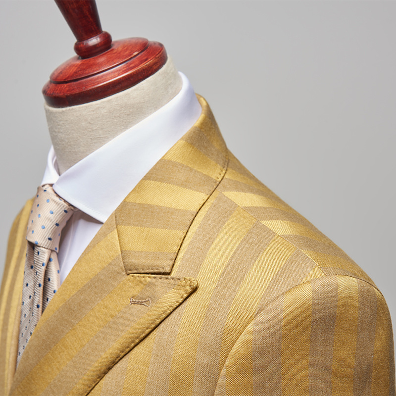 Men Striped Double-Breasted Korean Casual Gold Suit
