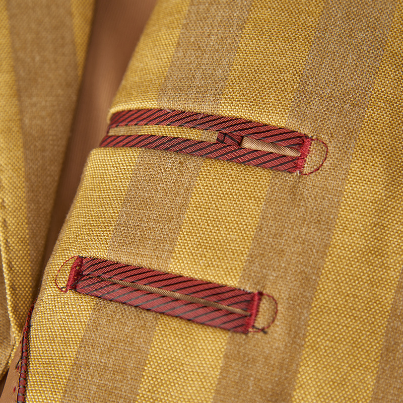 Men Striped Double-Breasted Korean Casual Gold Suit