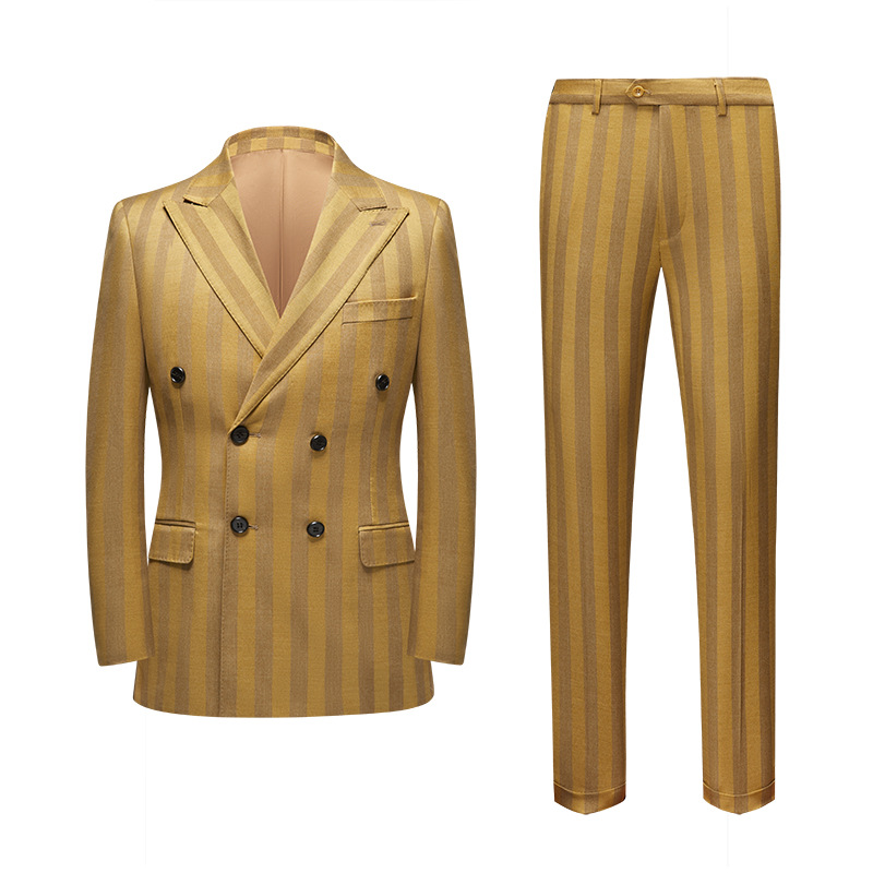 Men Striped Double-Breasted Korean Casual Gold Suit
