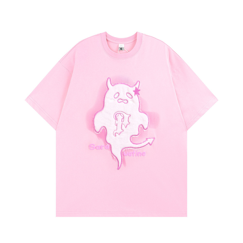 Cartoon Devil Flocked Embroidered Short-Sleeved T-Shirt