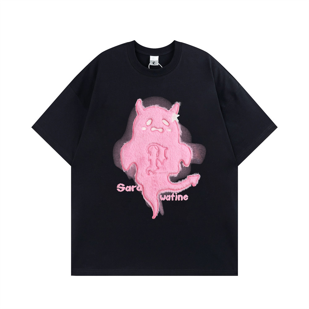 Cartoon Devil Flocked Embroidered Short-Sleeved T-Shirt