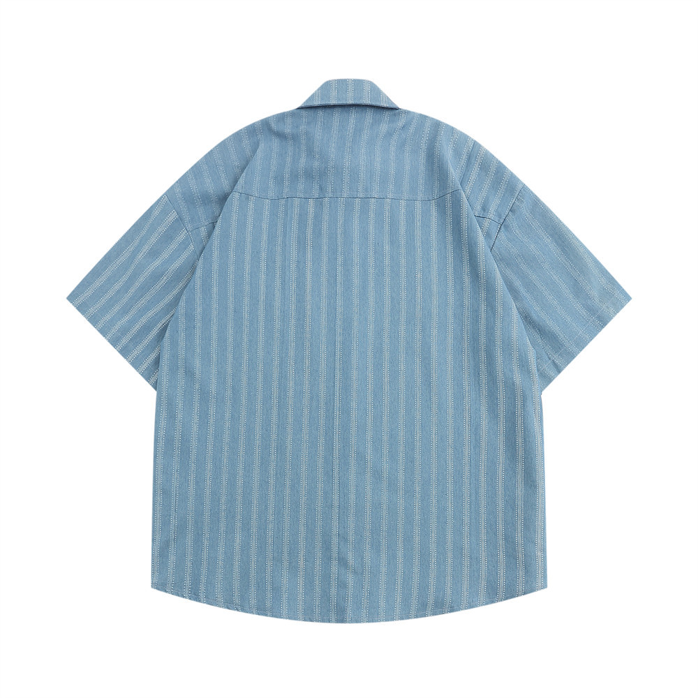 Cartoon Embroidered Pocket Striped Short-Sleeved Shirt