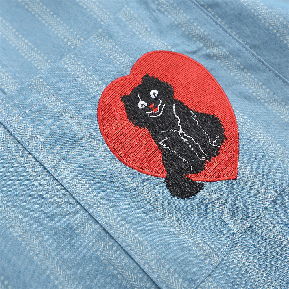 Cartoon Embroidered Pocket Striped Short-Sleeved Shirt