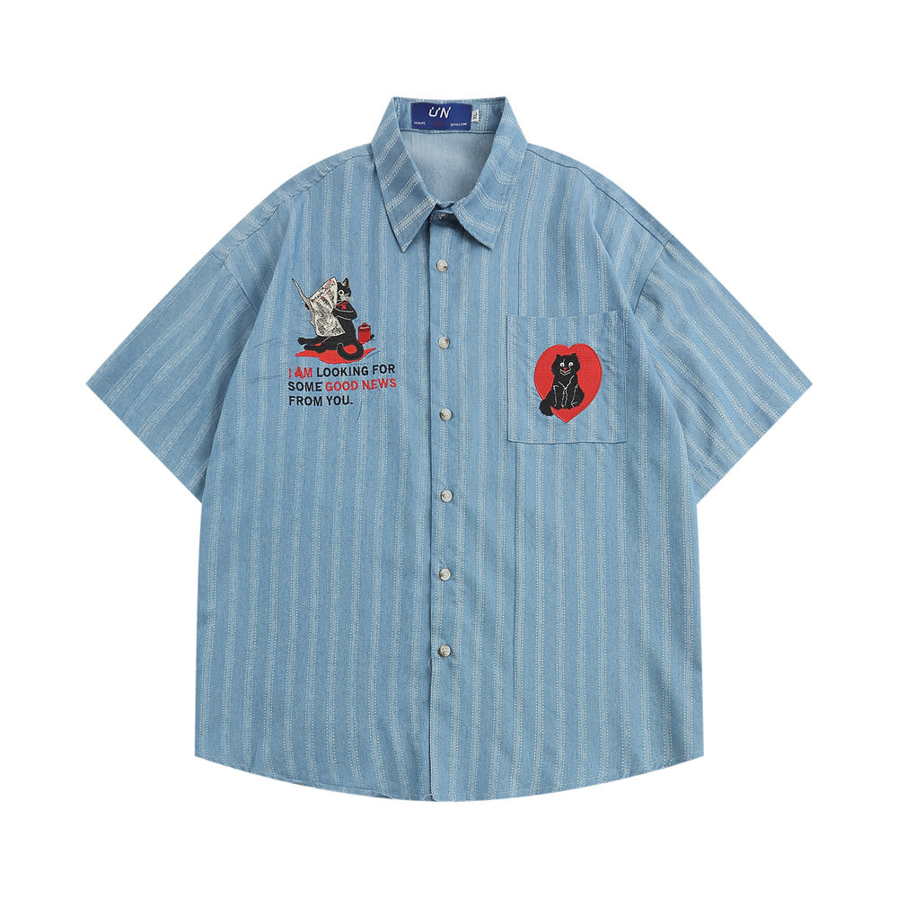 Cartoon Embroidered Pocket Striped Short-Sleeved Shirt