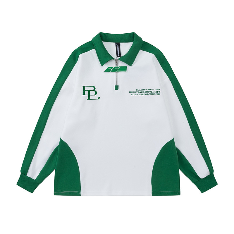 Color Blocking Letters Embroidered Lapel Sweatshirt