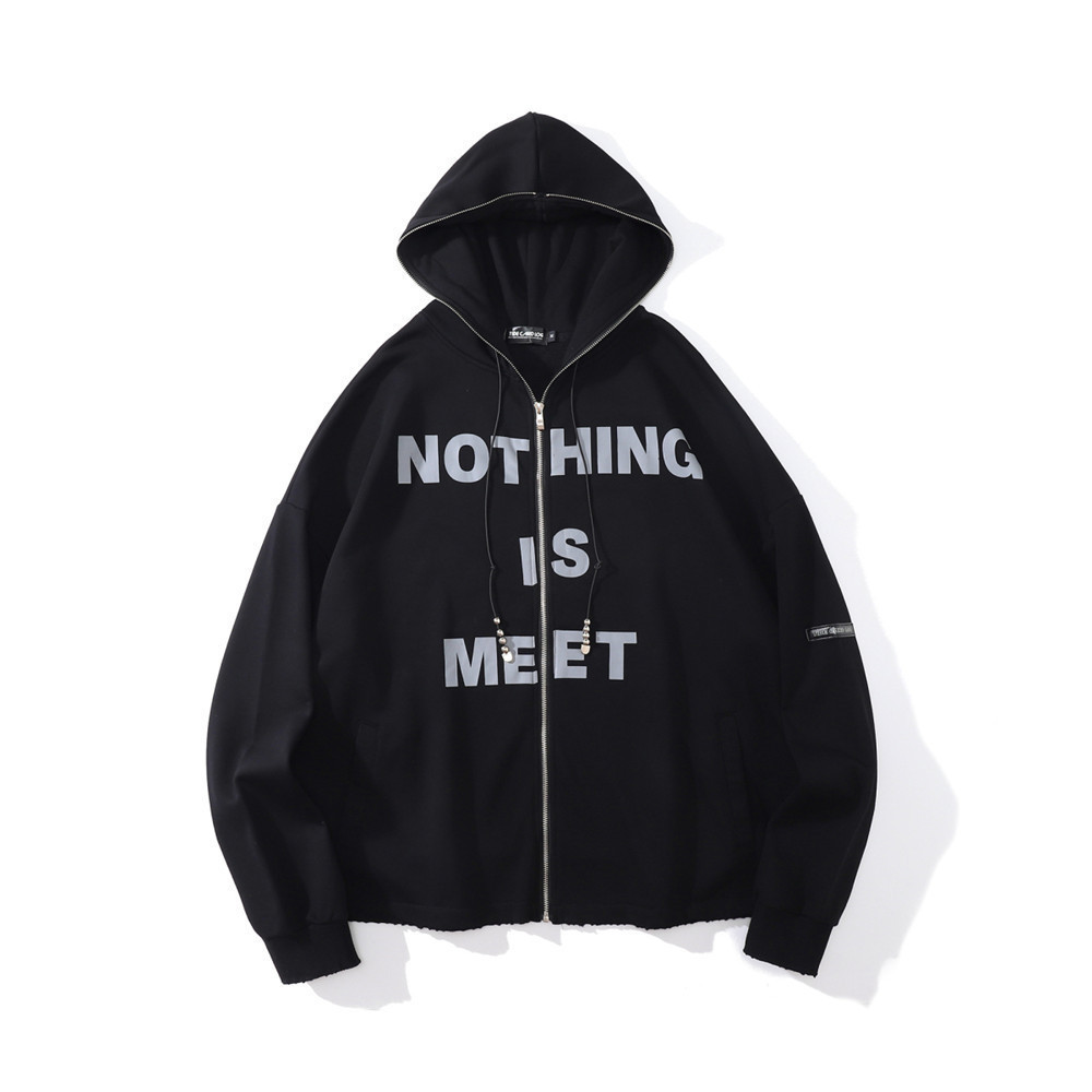 Diablo Loose Letter Zipper Print Hooded Cardigan Sweatshirt