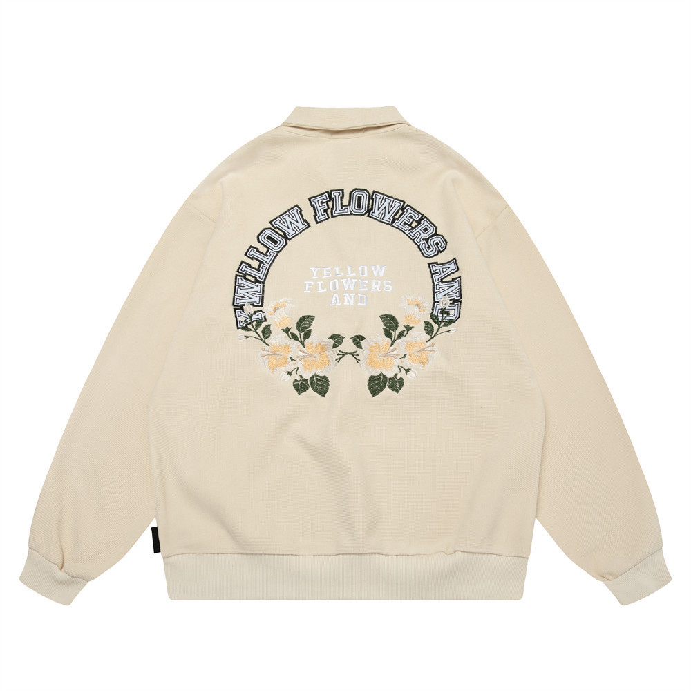 Letters Embroidered Zipper Half Open Neck Sweatshirt