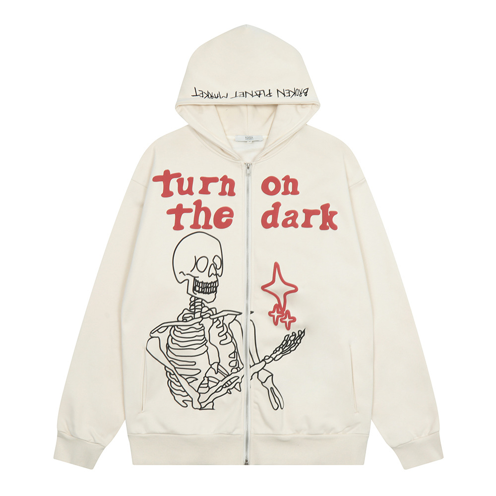 Fun Wind Loose Skull Print Hooded Cardigan Sweatshirt