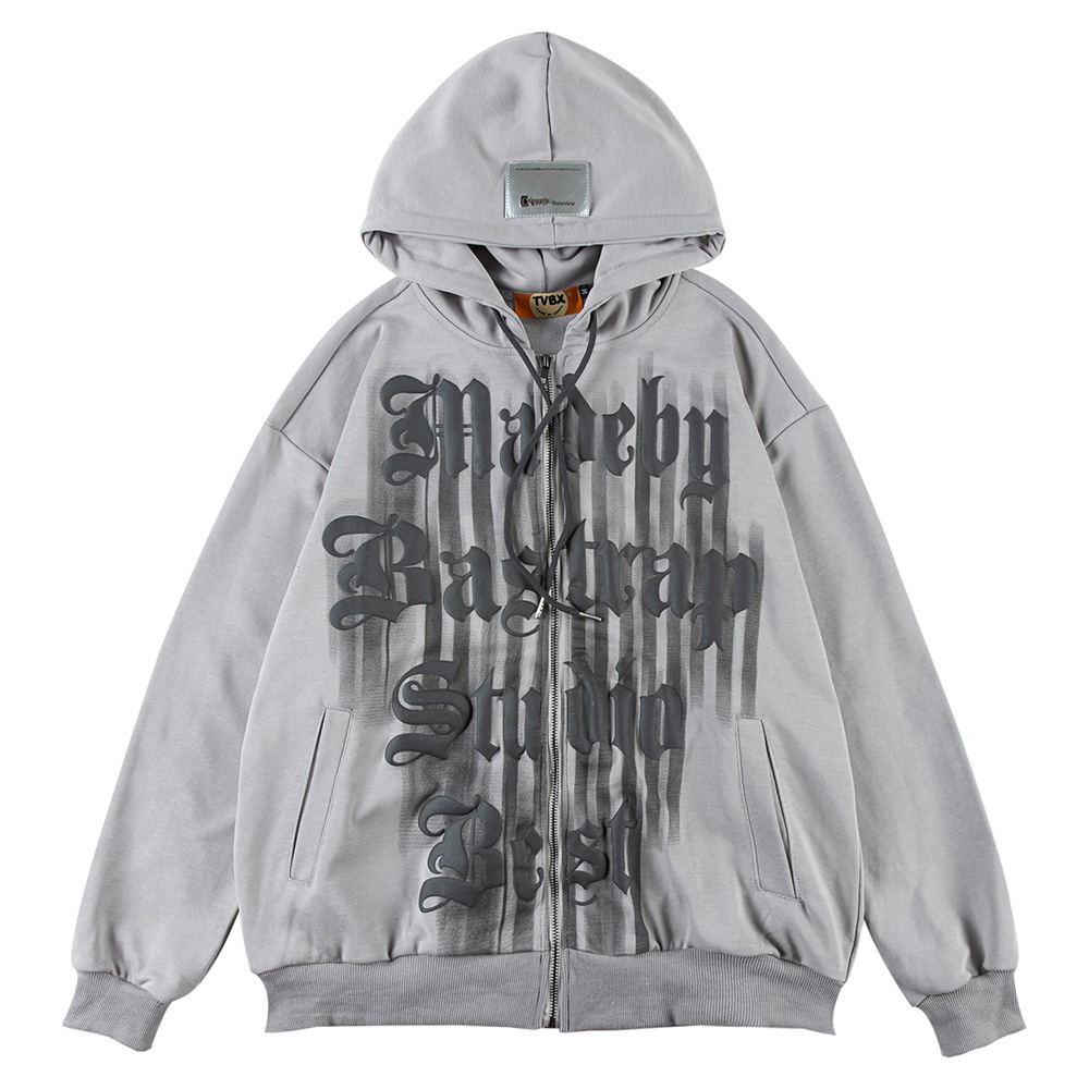 Hip-Hop Letters Foam Print Hooded Cardigan Sweatshirt