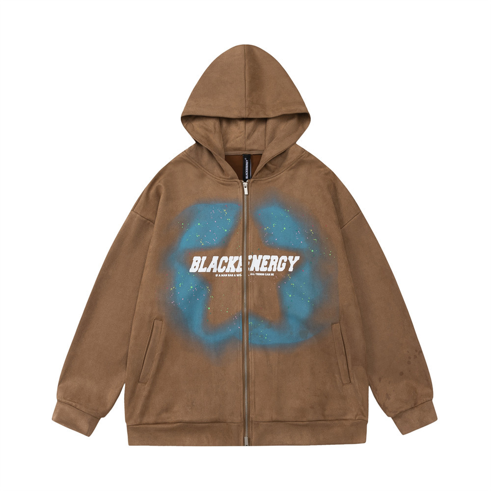 Loose Zipper Pentagram Spray-Printed Hooded Sweatshirt