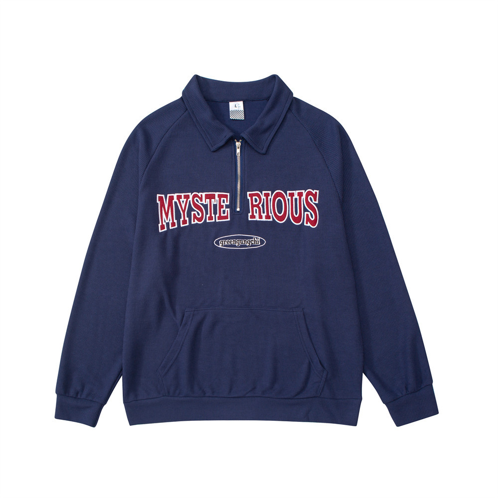 Retro Long Sleeve Embroidered Letter Lapel Sweatshirt For Men