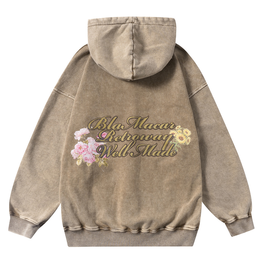 Loose Washed Old Trendy Print Hooded Sweatshirt