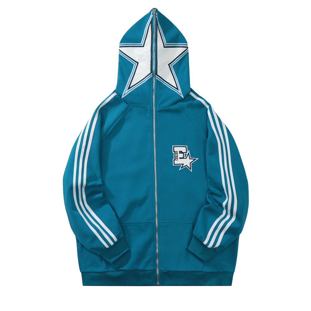 Loose Zipper Patch Embroidered Star Striped Sweatshirt