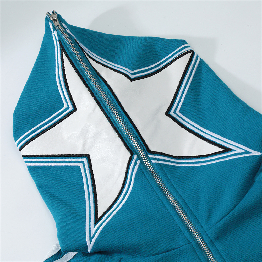 Loose Zipper Patch Embroidered Star Striped Sweatshirt