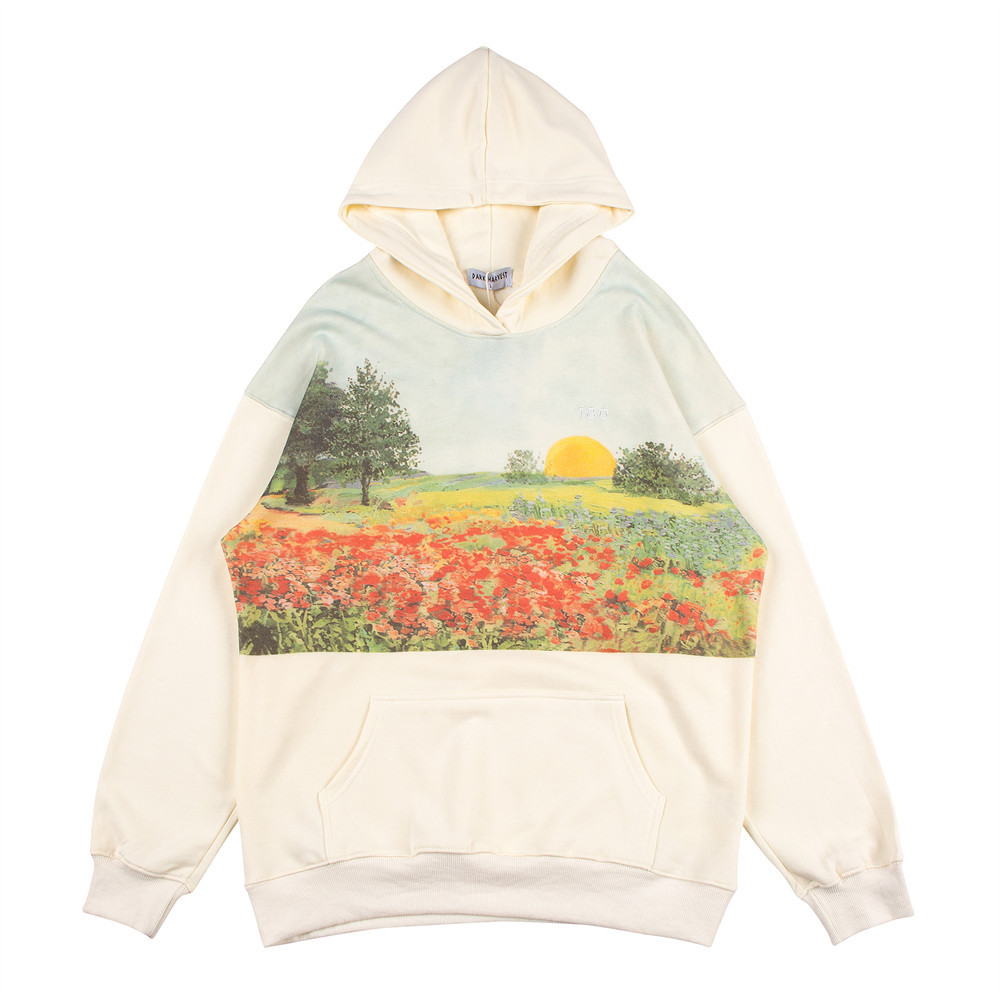 Men'S Slouchy Rustic Oil Painting Print Hooded Sweatshirt