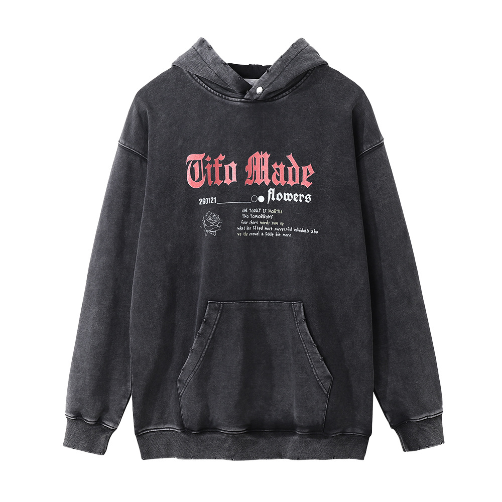Niche Loose Frayed Washed With Hooded Sweatshirt