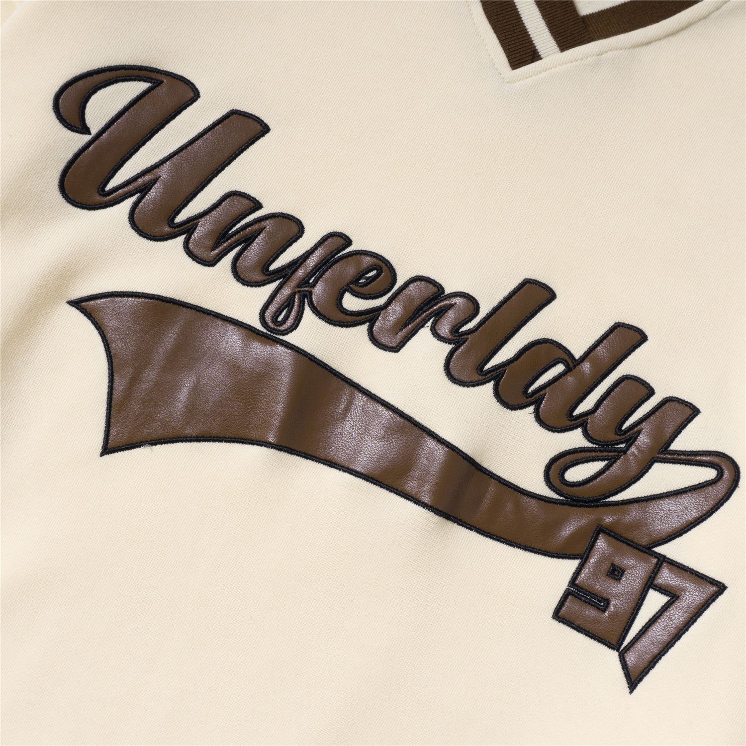 Patch Leather Embroidered Letters V-Neck Sweatshirt
