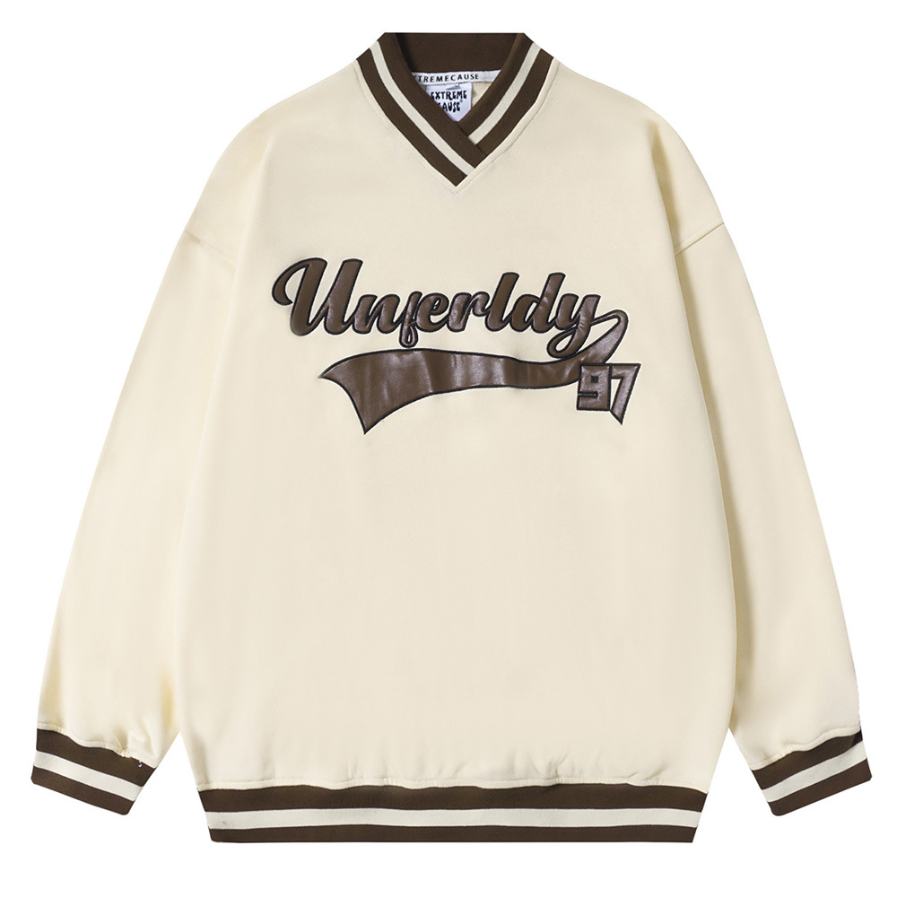 Patch Leather Embroidered Letters V-Neck Sweatshirt