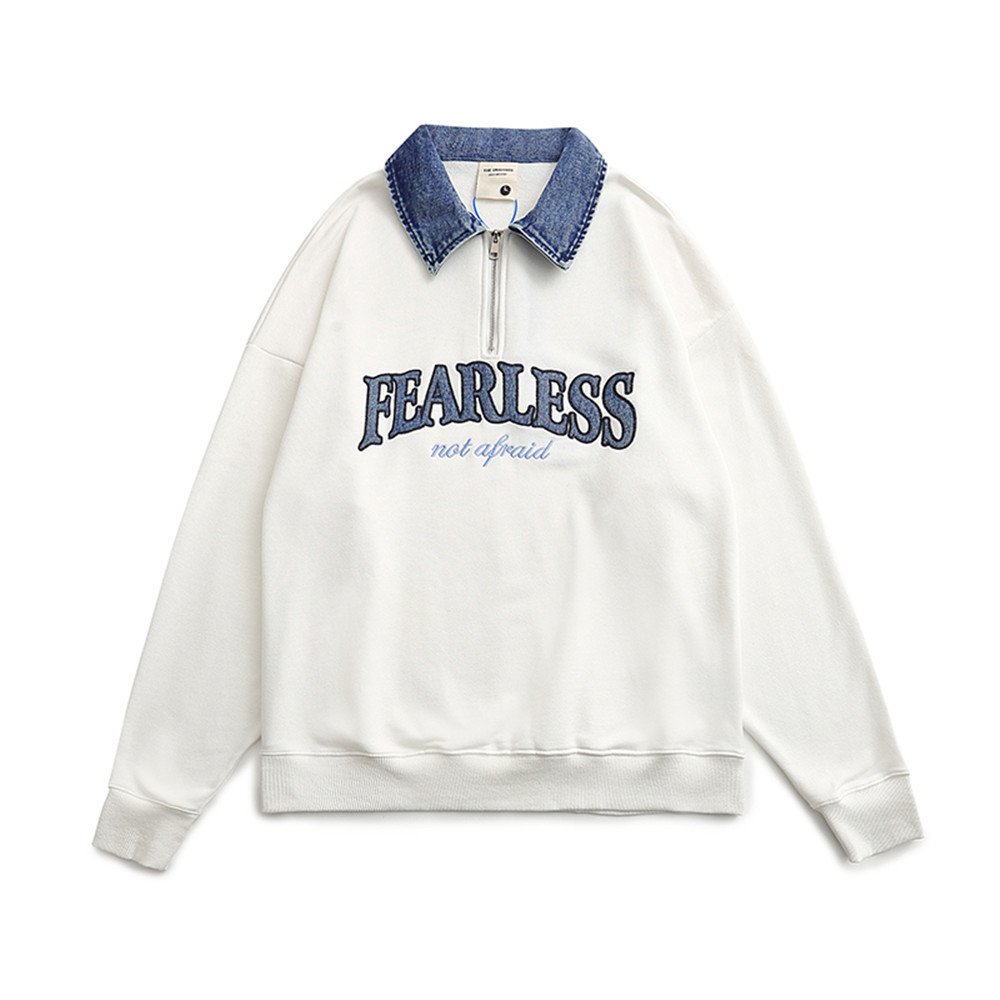 Retro Half-Zip Denim Lapel Pullover Sweatshirt