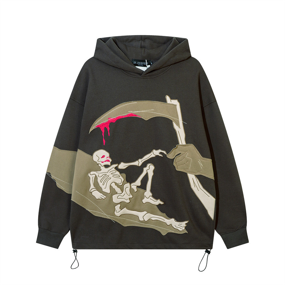 Sweatshirt-Collision Color Patch Embroidery Skull Bone