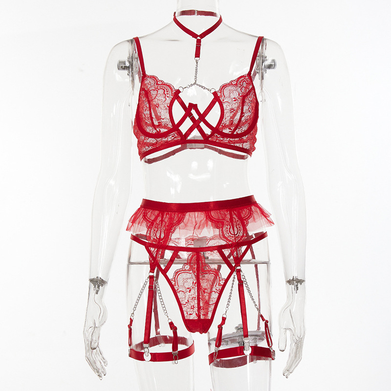 Lace Chain Suspenders Grid Skirt Edge See-Through Erotic Suit