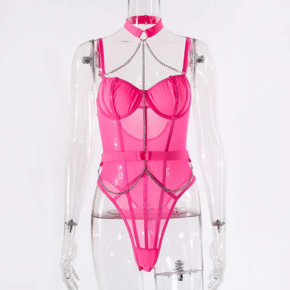 Metal Chain Hanging Neck Strap See-Through Underwear