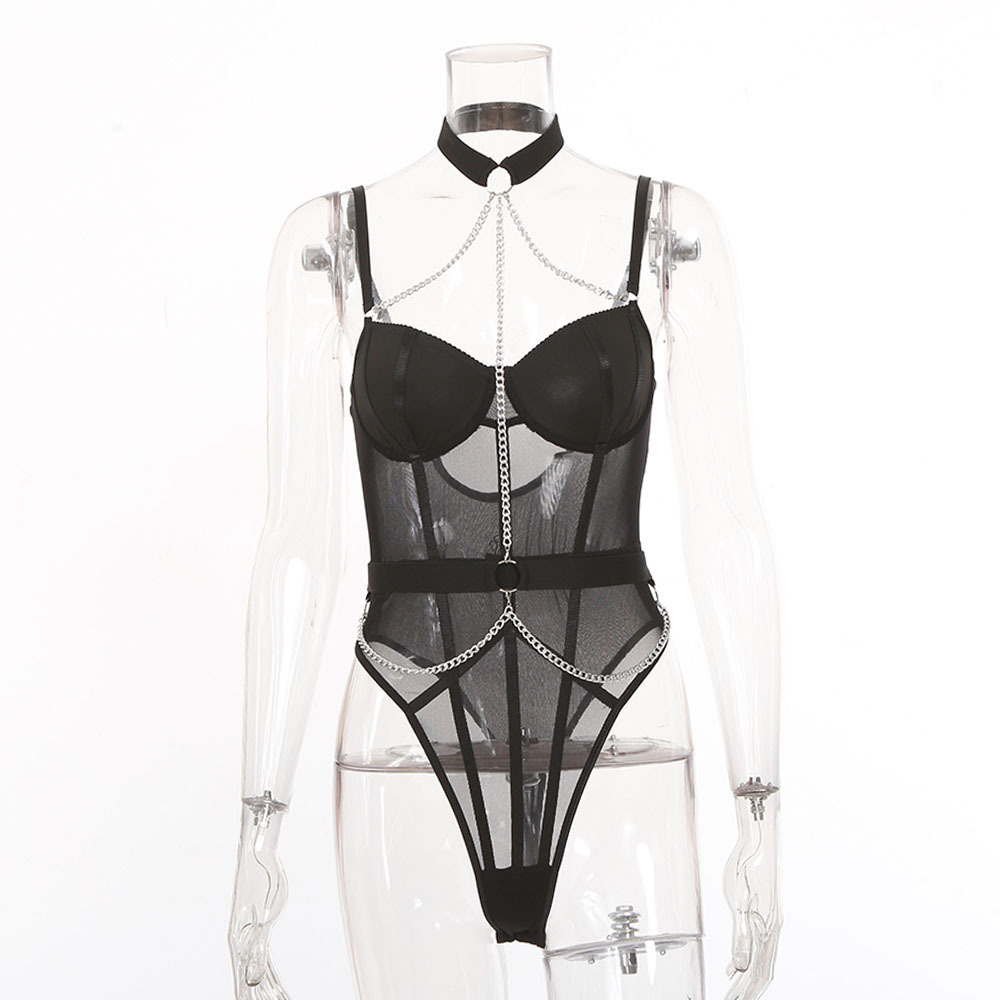 Metal Chain Hanging Neck Strap See-Through Underwear