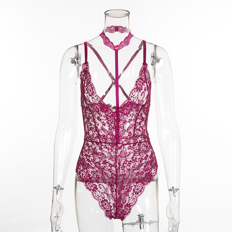 One-Piece Backless Uniform See-Through Floral Lingerie