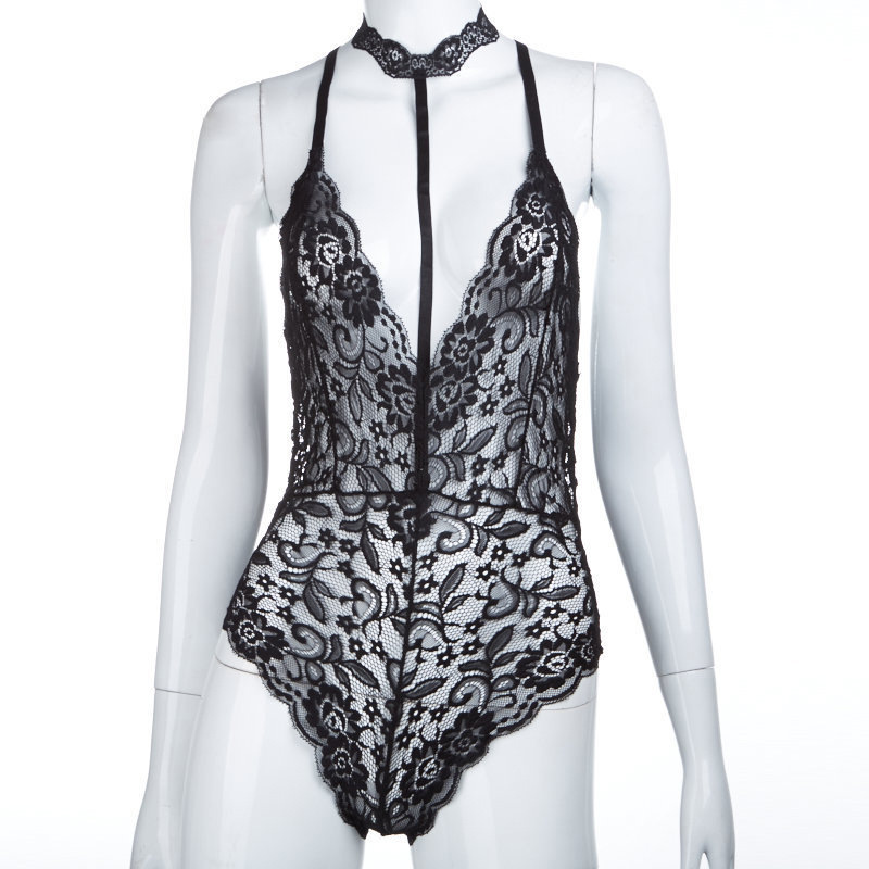 One-Piece Backless Uniform See-Through Floral Lingerie