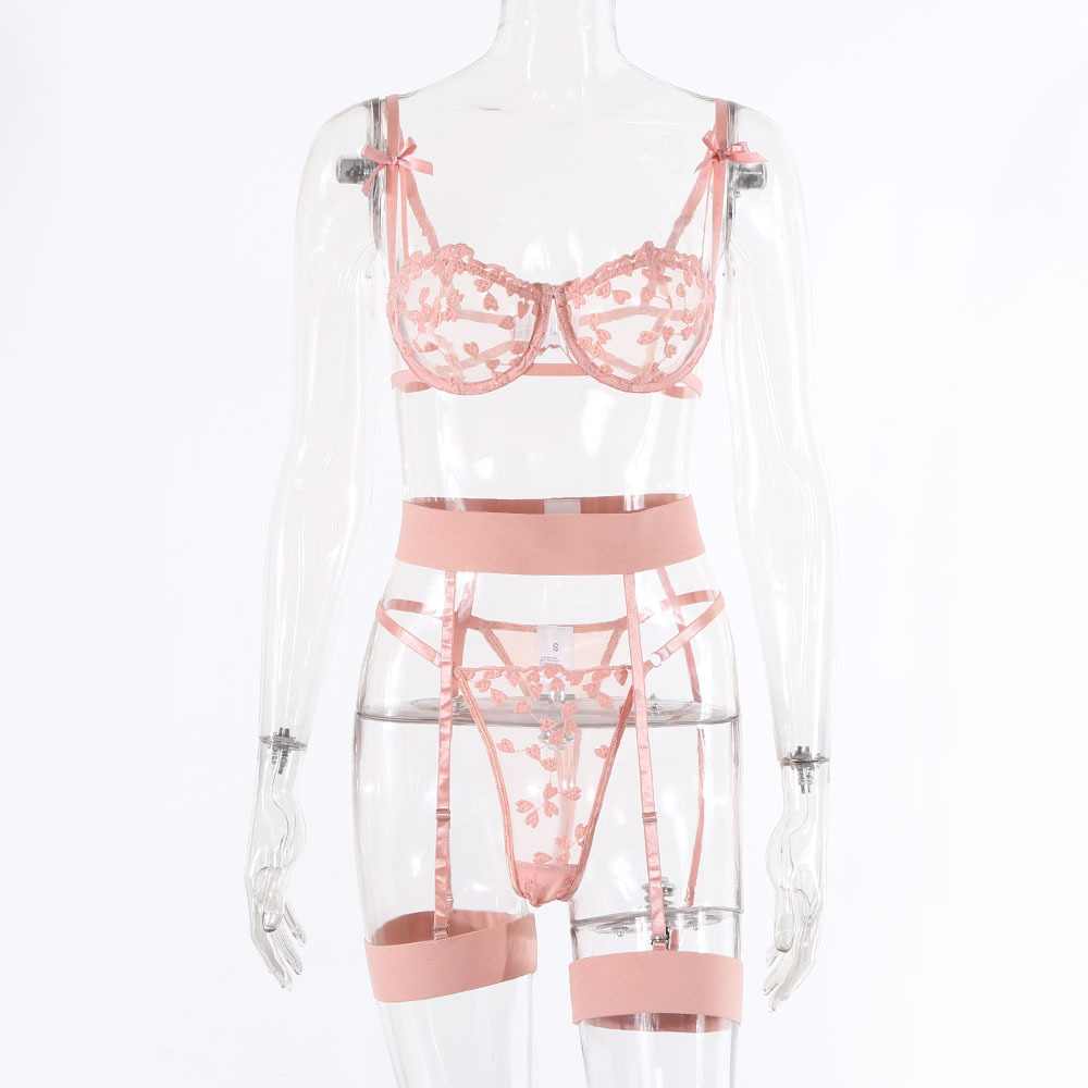 Three-Point See-Through Floral Embroidery Underwear