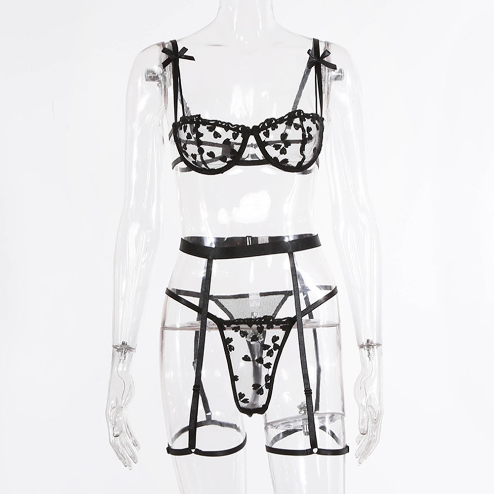 Three-Point See-Through Floral Embroidery Underwear