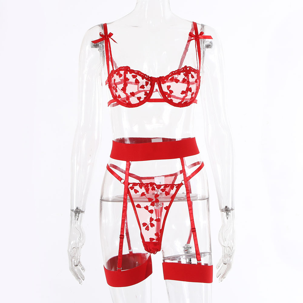 Three-Point See-Through Floral Embroidery Underwear
