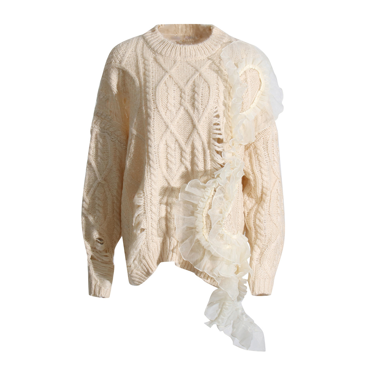 Hollow Embroidery Stitching Long Sleeve Mesh Irregular Sweater