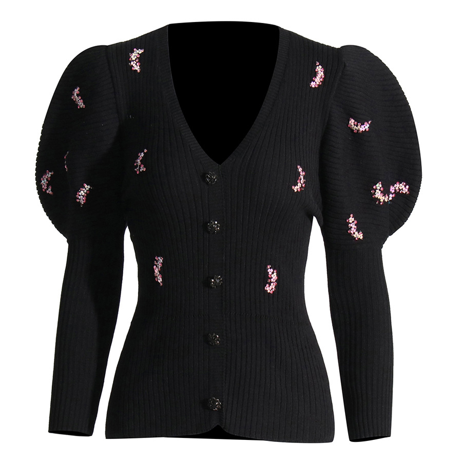 Bubble Sleeve Cardigan Niche Design Solid Color Sequin Sweater