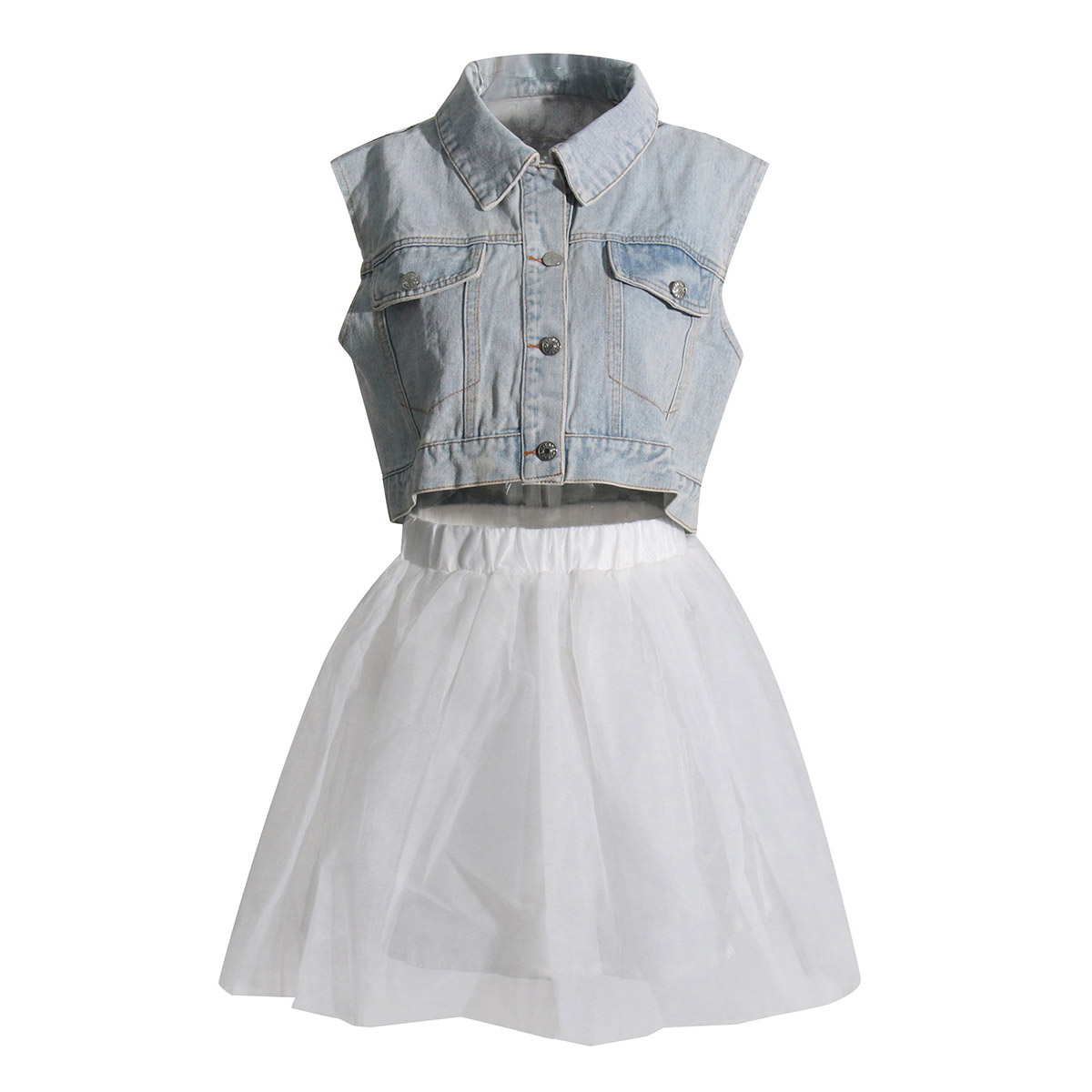 Vest Denim Jacket + Half Body Sarong Casual Set