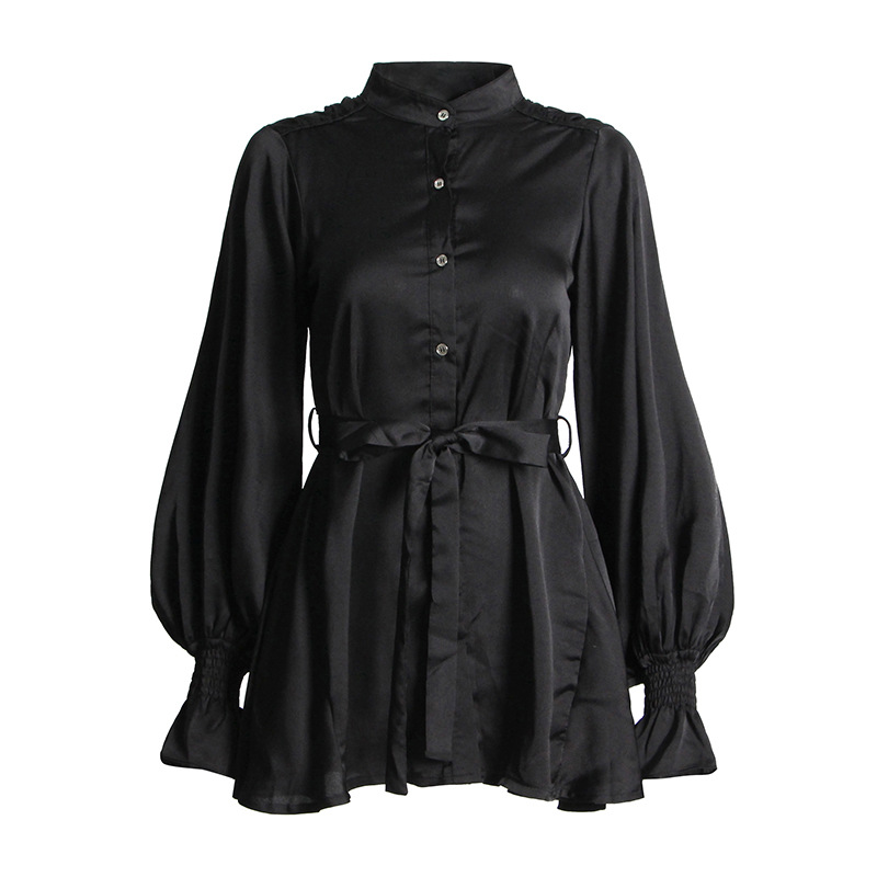 Stand-Up Collar Single-Breasted Tied Waist Shirt