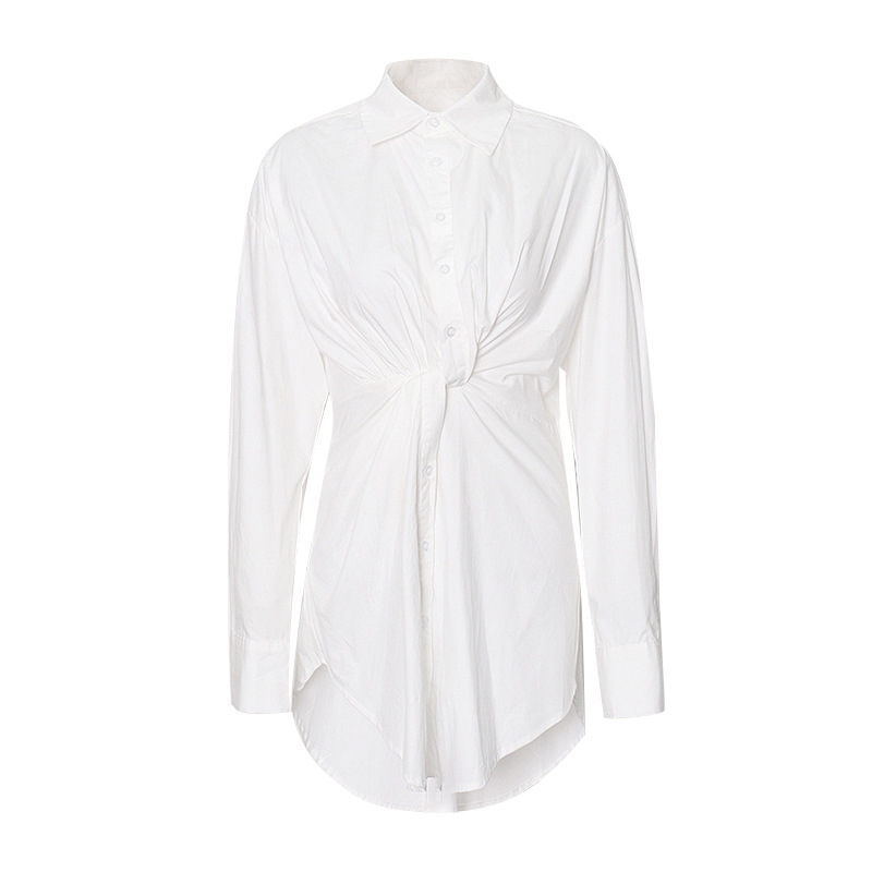 Single-Breasted Mid-Length Solid Color Twisted Knot Shirt
