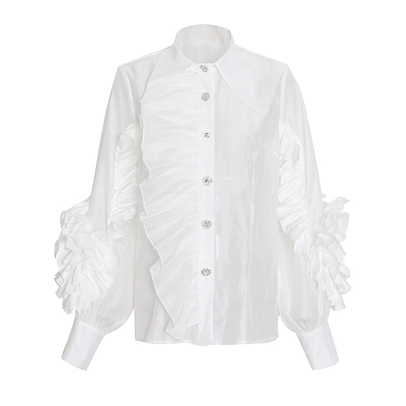 Ruffle Stitching Single-Breasted Solid Color Lapel Shirt