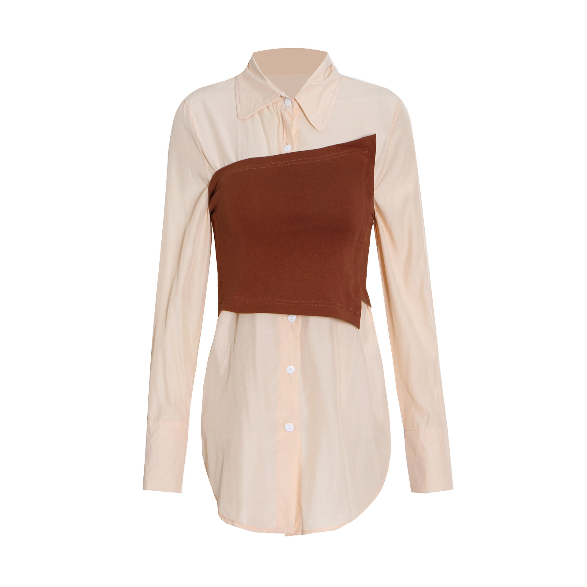 Lapel Single-Breasted Solid Color Smocked Patchwork Shirt