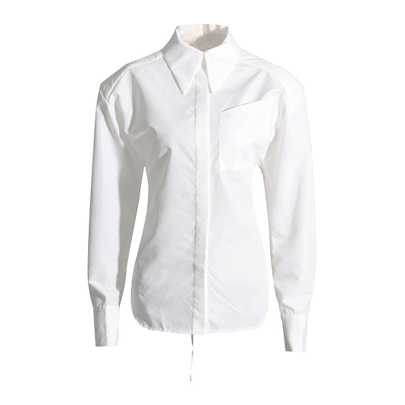 Lapel Collar Long Sleeve Backless Lace-Up Solid Color Shirt