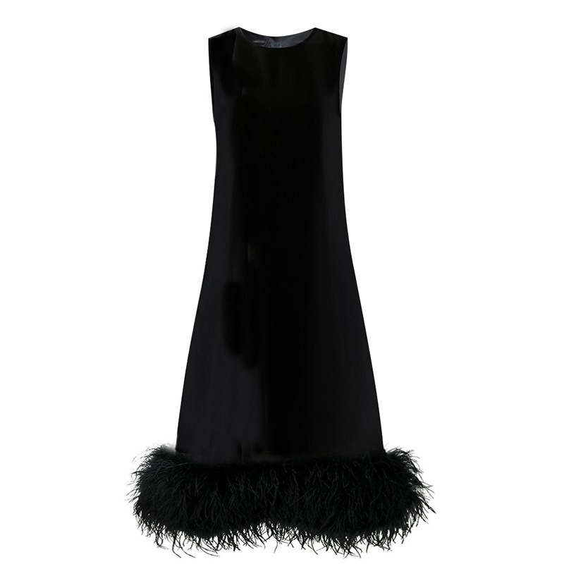 Round Neck Tie Hem Patchwork Feather Dress