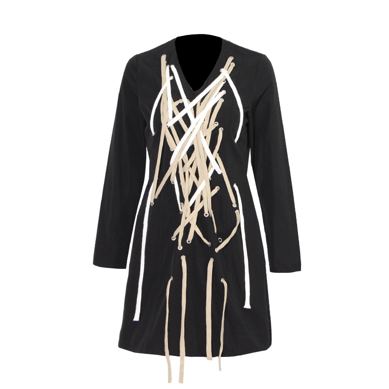 V-Neck Drawstring Straps Long Sleeve Short Dress