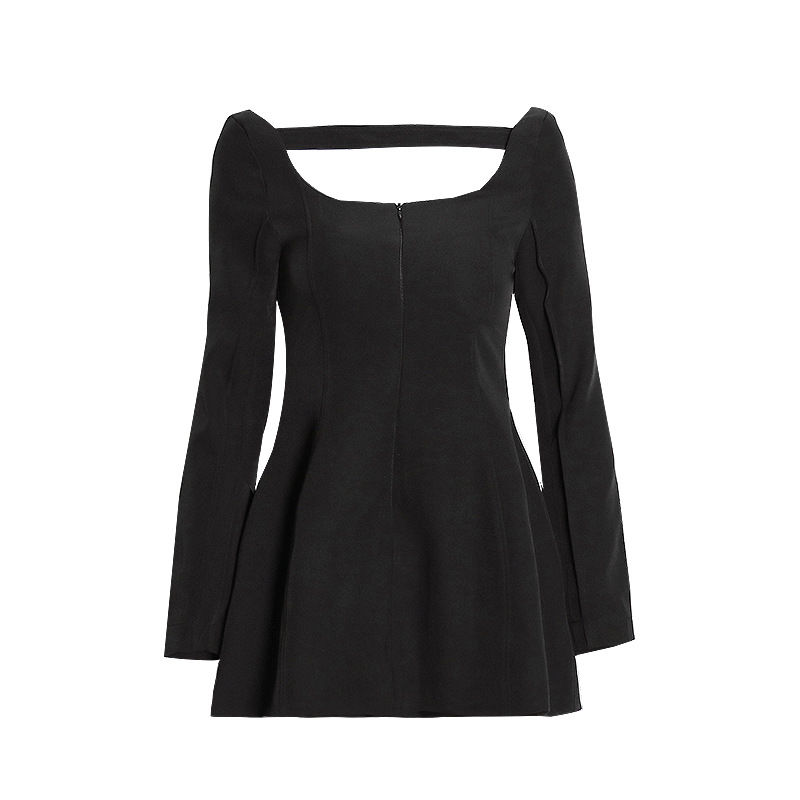 Low Neckline A Word Draw Pleated Long-Sleeved Short Dress
