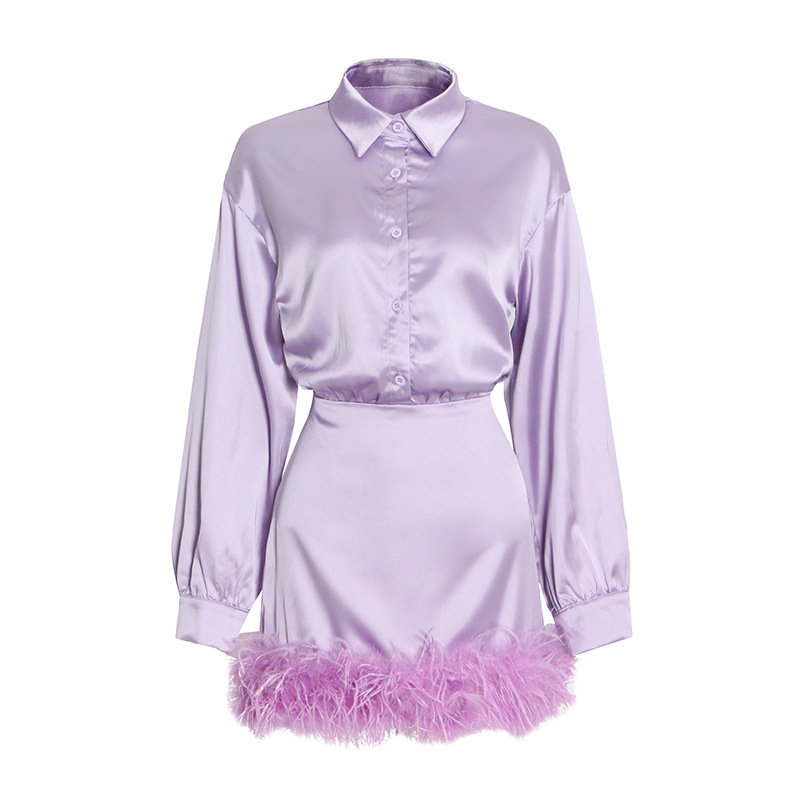 Long Sleeve Solid Color Hem Feather Dress