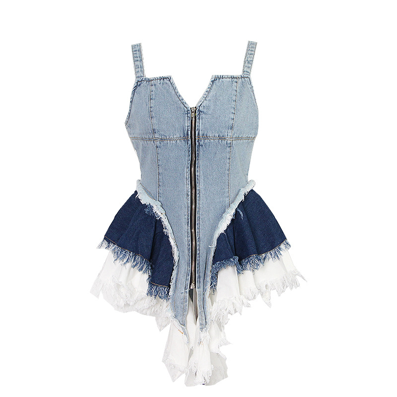 Cowboy Zipper Hem Irregular Waist Dress